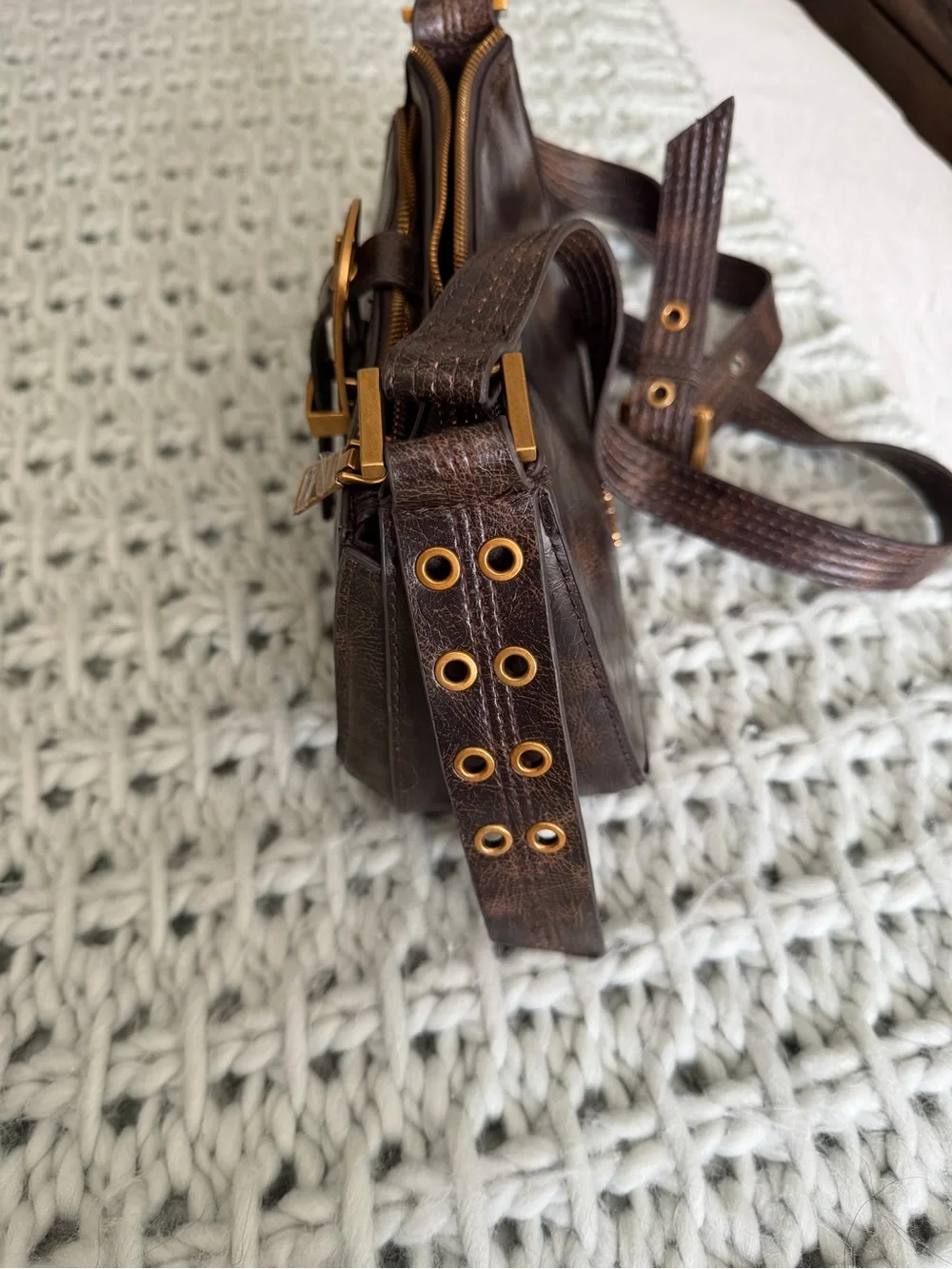 Steve Madden Dark Brown Leather Crossbody with Decorative Gold Buckle